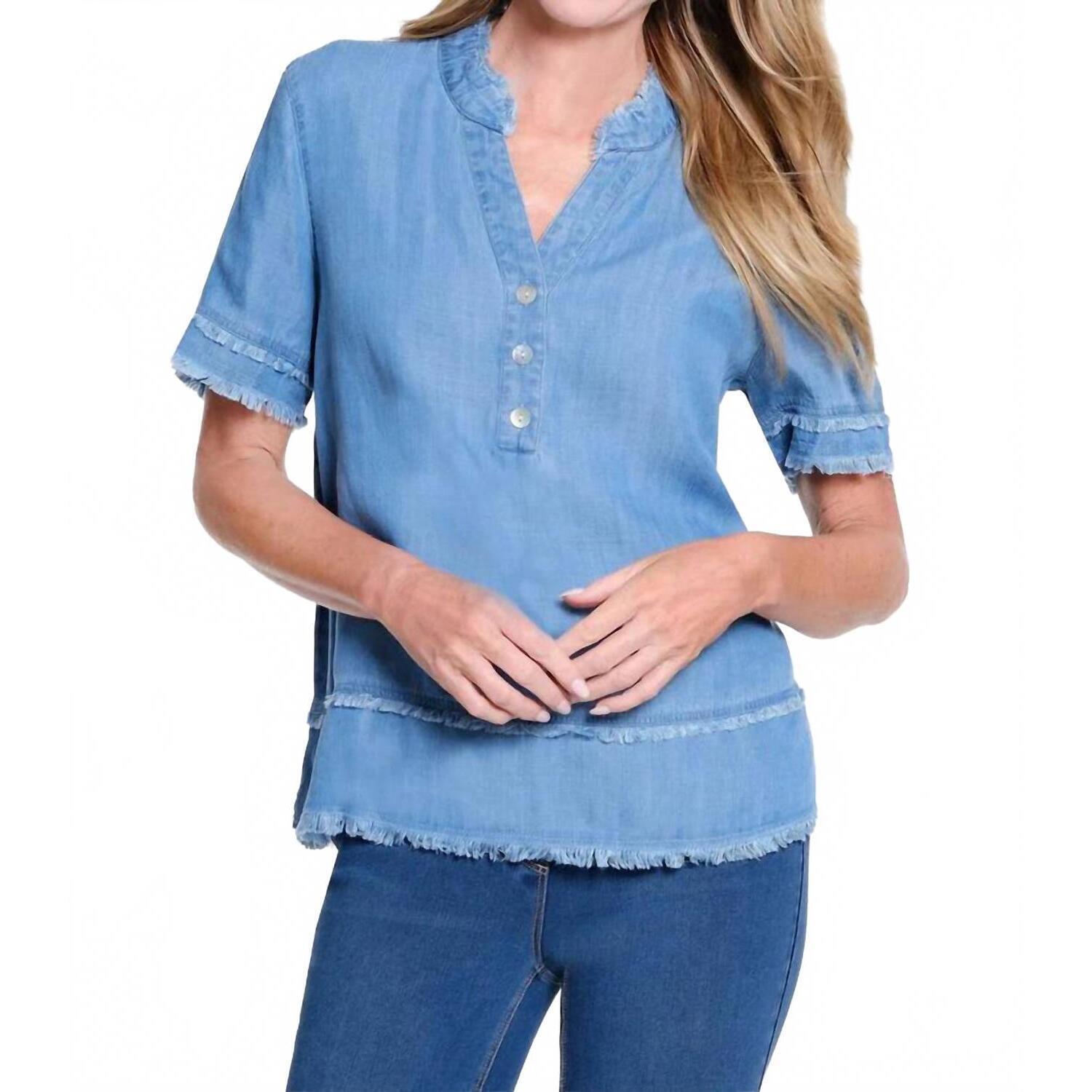 New Multiples Fringe Hem Blouse In Light Indigo